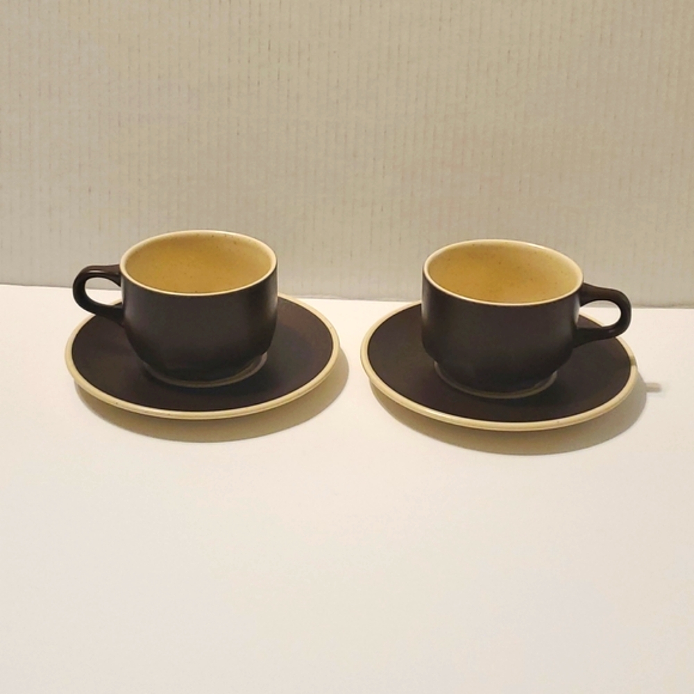 Vtg Mikasa 70's Indian Feast Bark Brown Coffee Mugs Tea Cups and Saucers Set